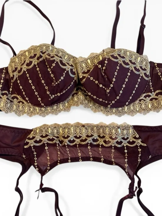 Fredericks of Hollywood Lingerie Set XL Burgundy Gold Bustier Bra Garter Belt - Picture 2 of 8